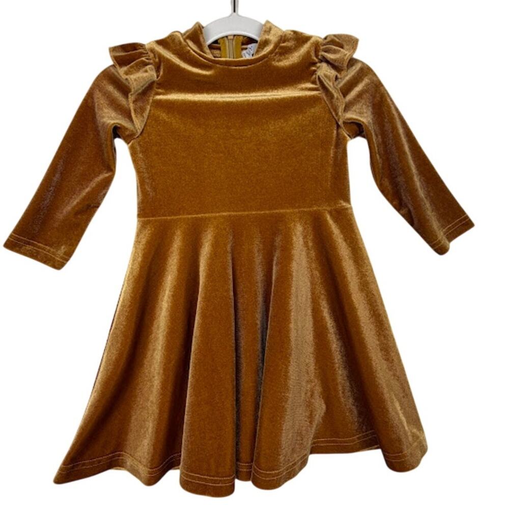 Ivy City Co Mini La La Lady Dress Gold Velvet Girls Size 2T Holiday Twirl Ruffle - Picture 2 of 5